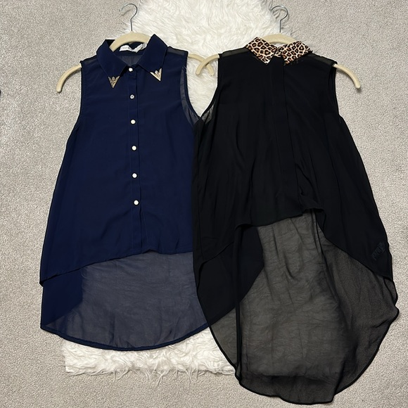 2 High Low Sleeveless Navy & Black Leopard Animal Print Blouses w/Collar - Picture 16 of 16